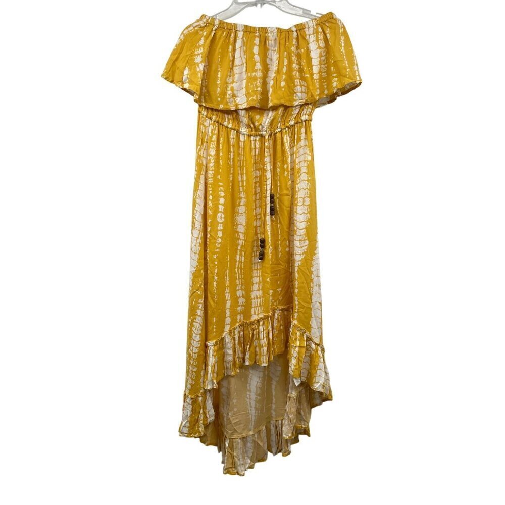 Blue Island Womens Strapless Hi Low Dress Cinched Waist Yellow/White Size XS